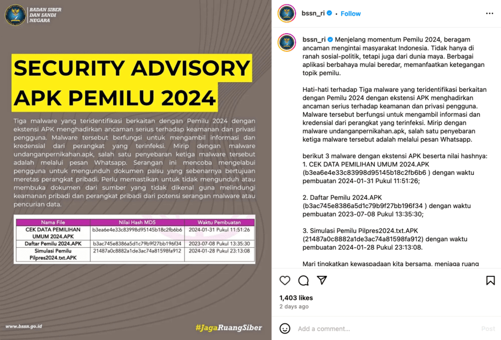 Hati-hati terhadap Tiga malware yang teridentifikasi berkaitan dengan Pemilu 2024 dengan ekstensi APK menghadirkan ancaman serius terhadap keamanan dan privasi pengguna