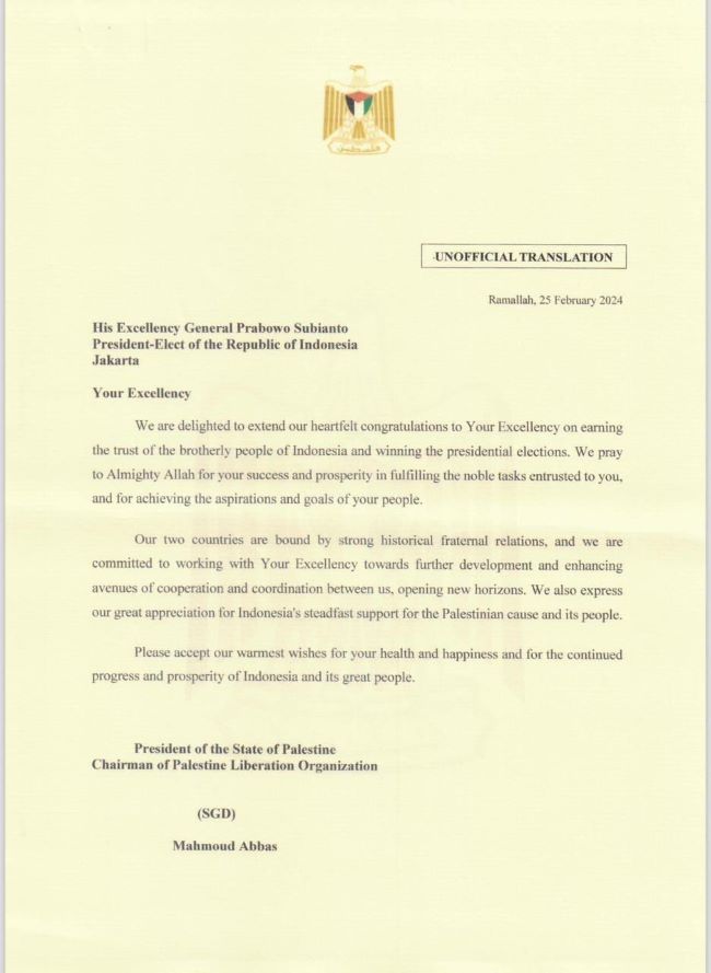 Ungguli Pilpres 2024, Presiden Palestina Ucapkan Selamat untuk Prabowo 